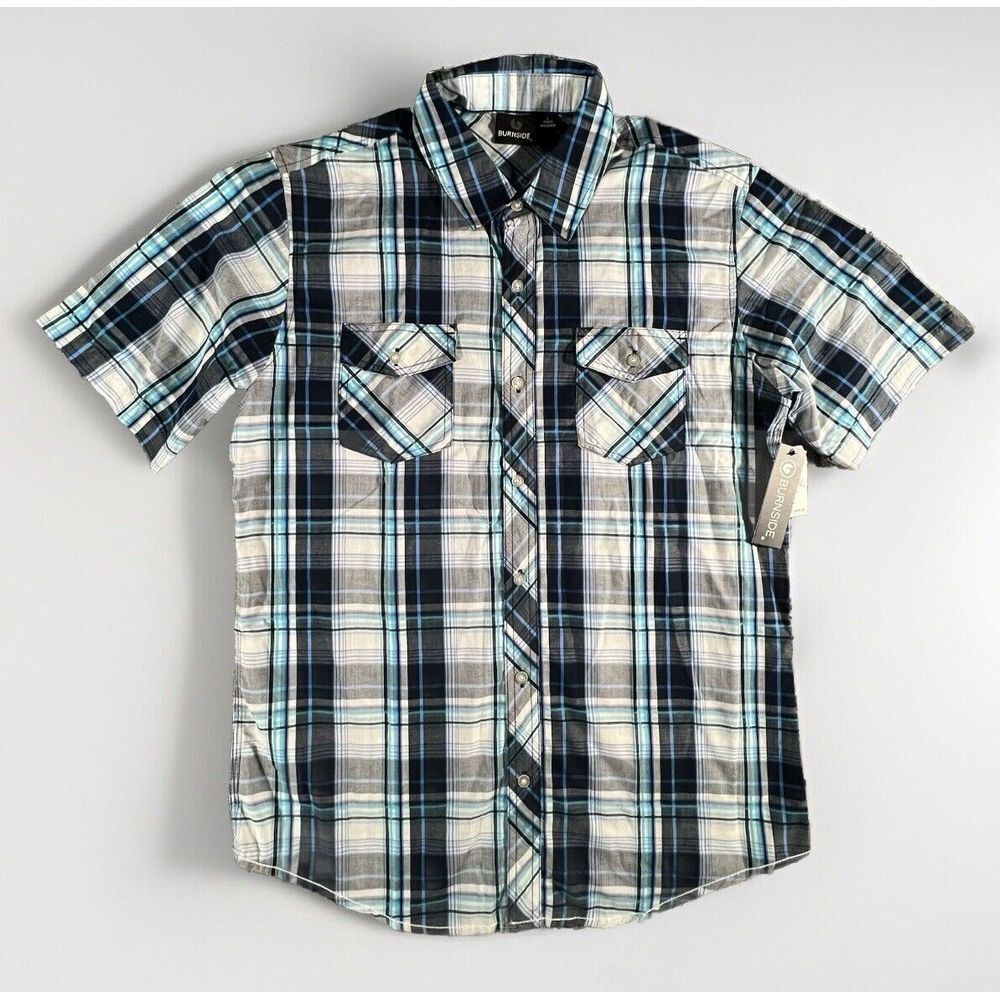 Burnside Plaid Button Up Shirt Mens Large Blue White Short Sleeve B9202 NWT